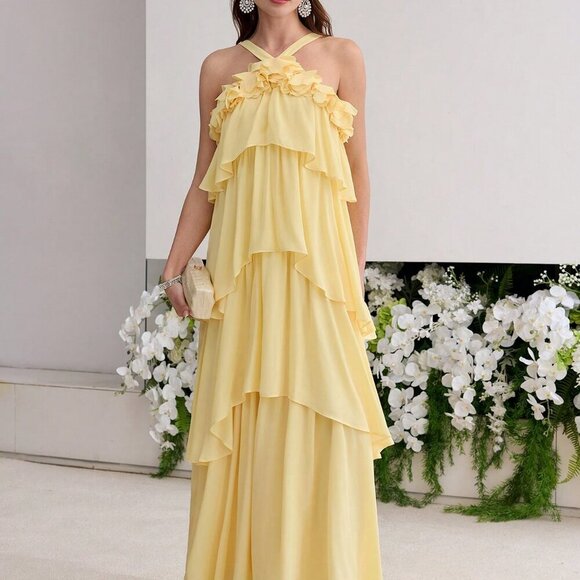 Yellow Elegant Women's Ruffle Trim Maxi Dress - Picture 5 of 7